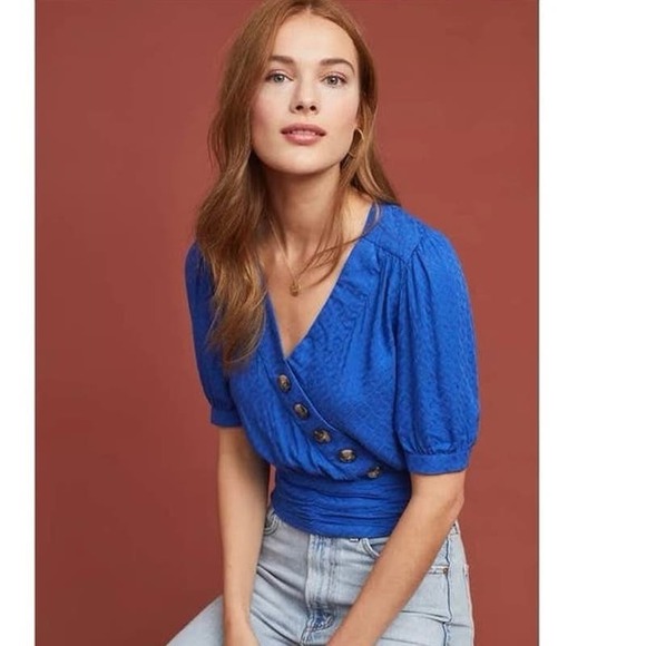 Maeve Tops - Maeve ANTHRO blue crop top button short sleeve v neck  size 6P